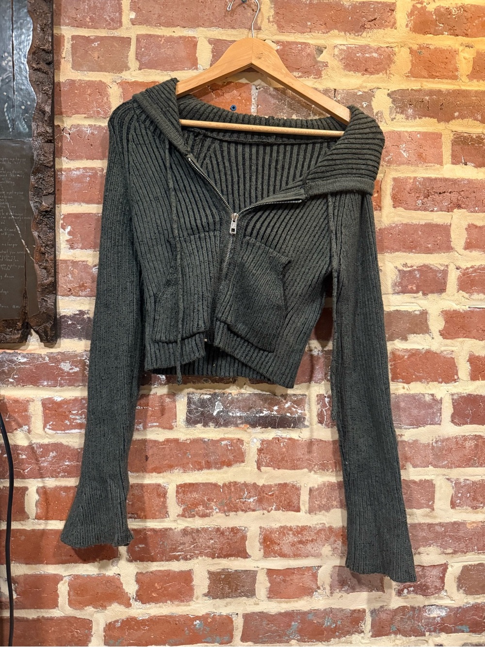 Ribbed Zip-Front Cropped Sweater - Dark Army Green Y2K